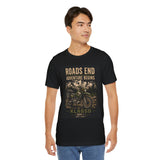 Roads End Motorcycle Tee — "Adventure Begins" KLR650 Rider Shirt