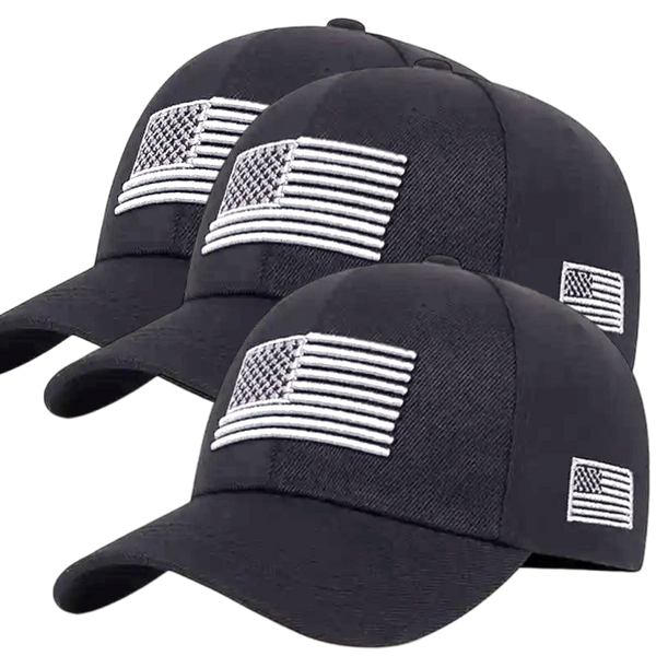 3 pack of Black Baseball Cap With USA Flag